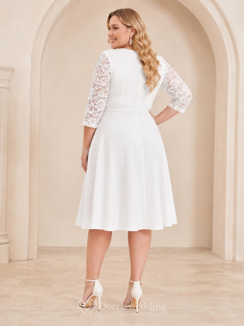 Robe de cocktail blanche grande taille, longueur thé, col en V, manches en dentelle, style Courthouse view 2