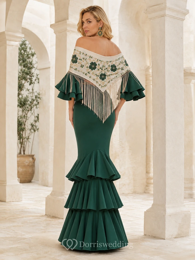 Ensemble flamenco deux pièces vert foncé à épaules dénudées, manches à volants et crop top sirène à volants view 2