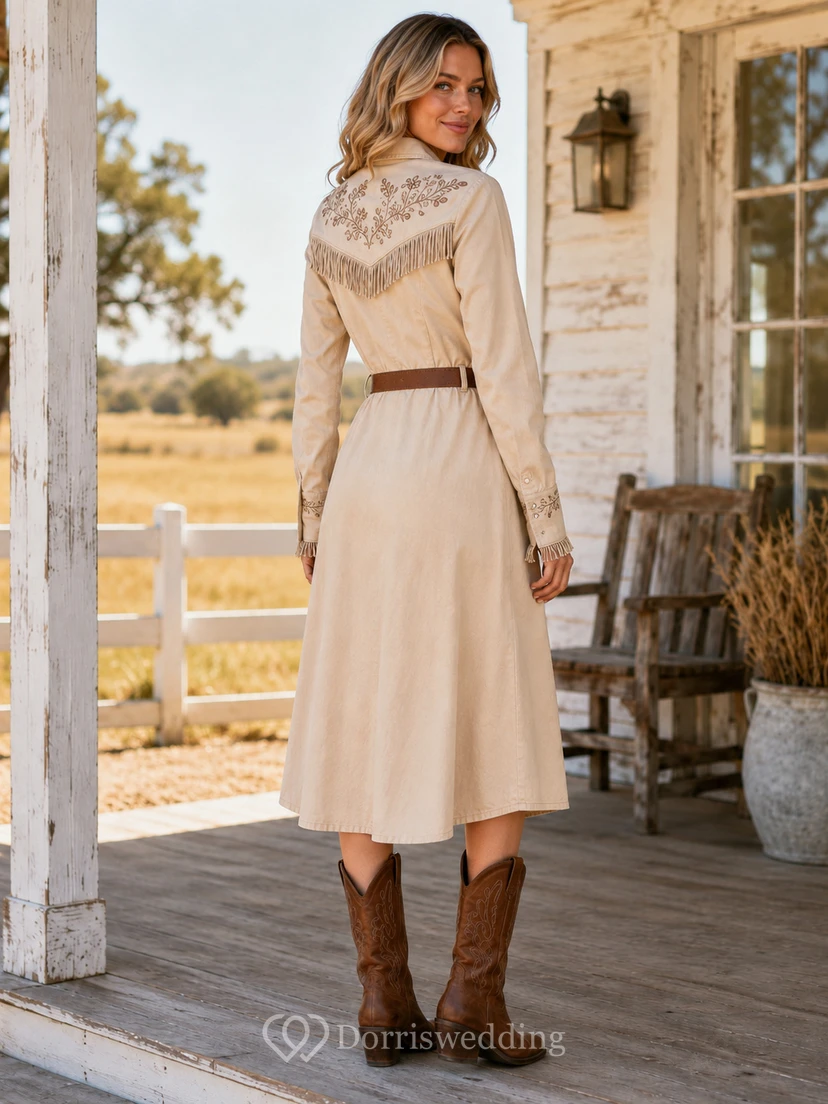 Cremefarbenes, besticktes Western-Hemdkleid mit Gürtel, langen Ärmeln und A-Linien-Schnitt im Country-Stil view 2