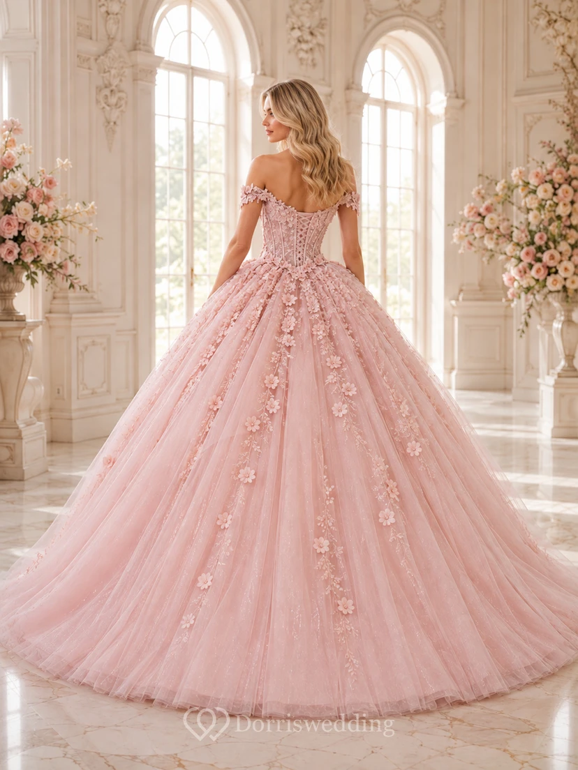 Vestido de fiesta largo hasta el suelo para quinceañera, modelo Rosette Pearl-Pink, con escote corazón, encaje floral y tul. view 2