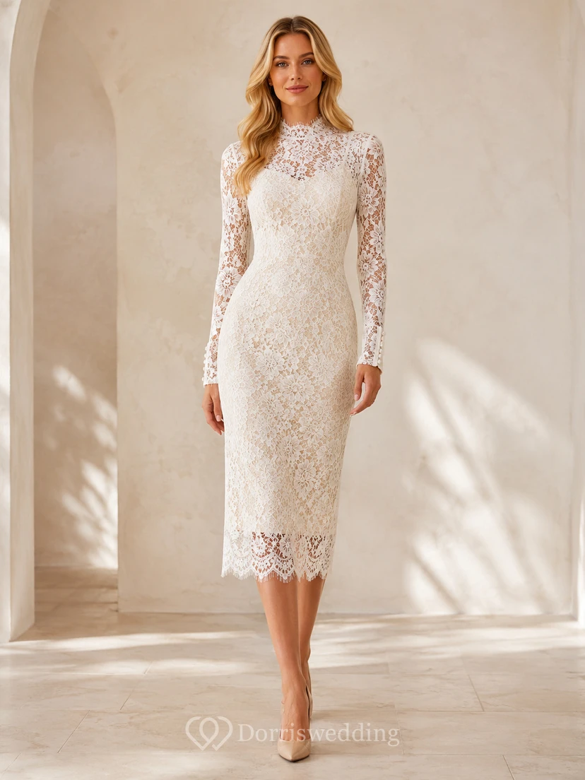 Ivory High Neck Long Illusion Sleeve Lace Sheath Dress Court