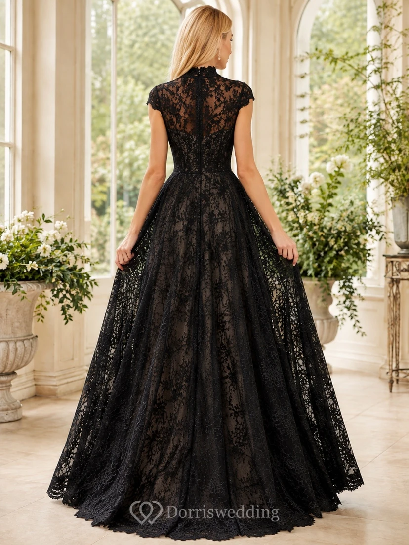 Black Elegant Modern Square Short-Sleeve Lace A-Line Floor-Length Evening Dress