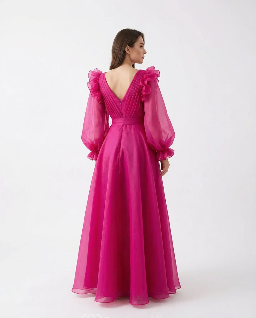Puff Sleeve Chiffon Satin Dress with Bow view 2