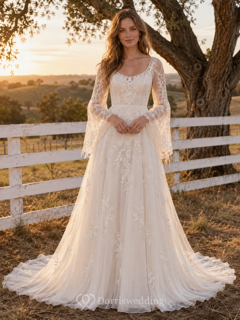 Rustic Scoop Neck Long Bell Lace Sleeve Chiffon A Line Wedding Gown