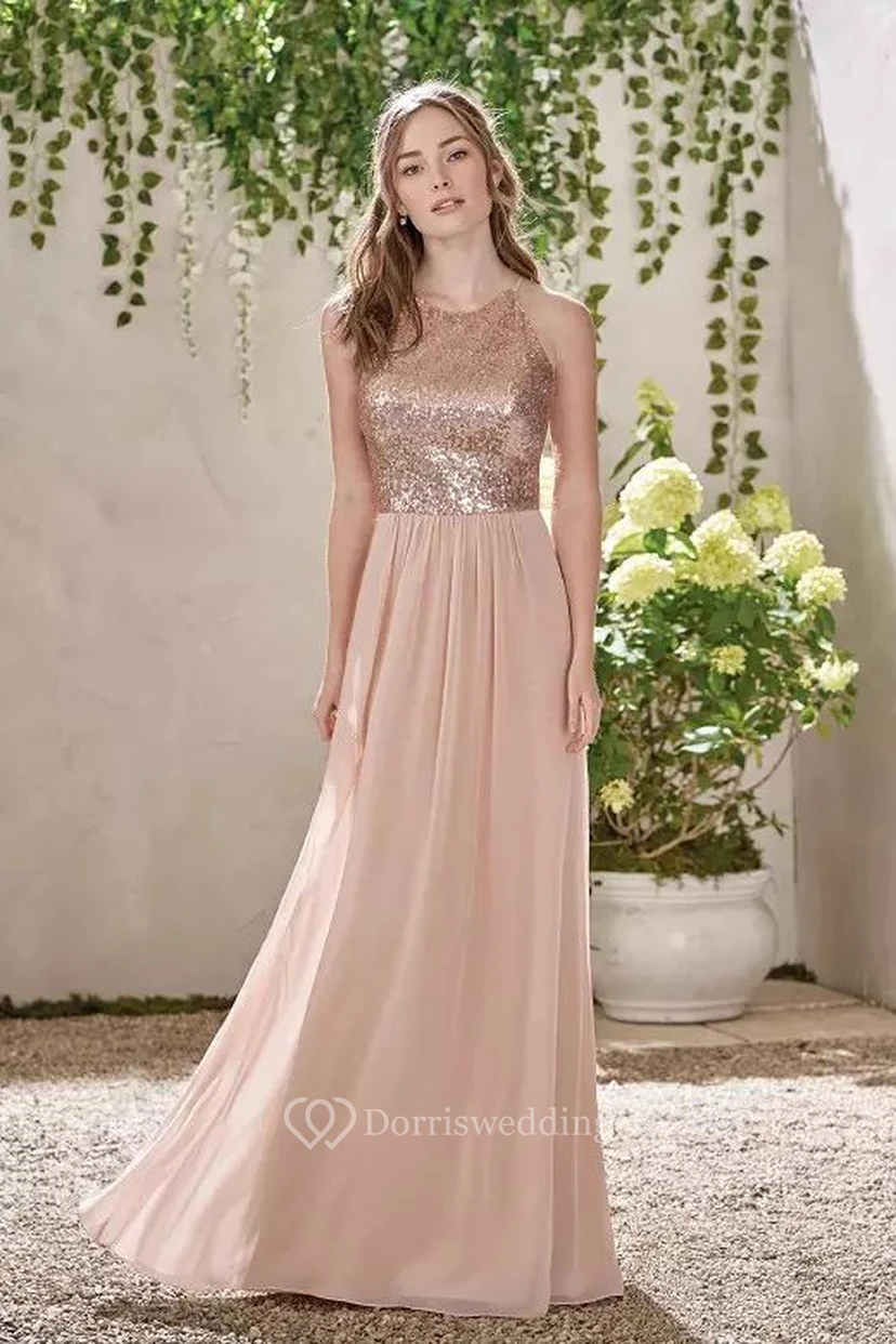 Neckholder-Brautjungfernkleid aus Chiffon mit Pailletten, A-Linie, bodenlang, ärmellos, mit V-Ausschnitt und Reißverschluss am Rücken