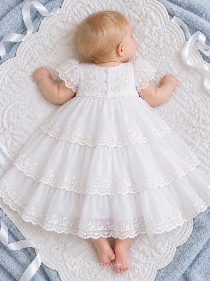 White Floral Embroidered Lace Cap Three Tier Baby Christening Dress view 2