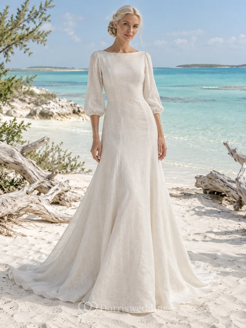 Schlichtes Leinen-Brautkleid mit U-Boot-Ausschnitt, Dreiviertelärmeln und A-Linien-Rock