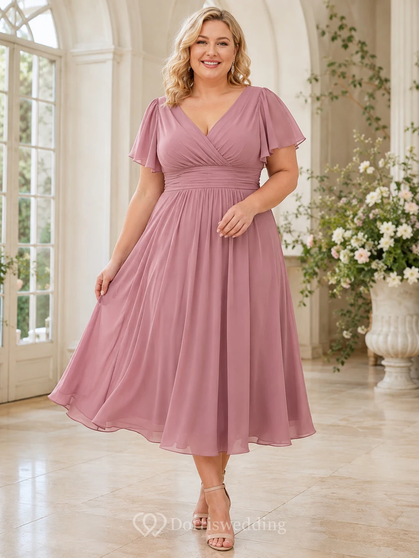 Dusty Rose Plus Size V Neck Flutter Sleeve Chiffon Tea Length A Line Occasion Dress