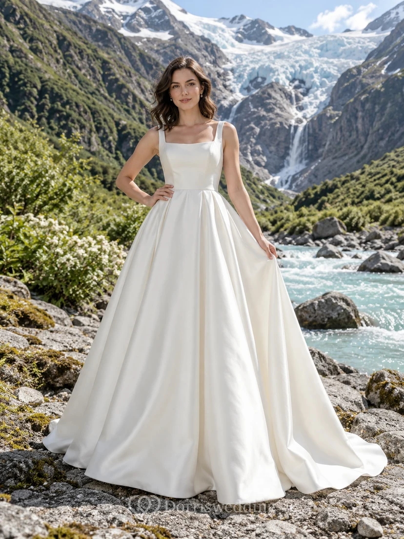 Schlichtes Brautkleid aus Satin mit quadratischem Ausschnitt, Schleifenträgern und A-Linien-Profil