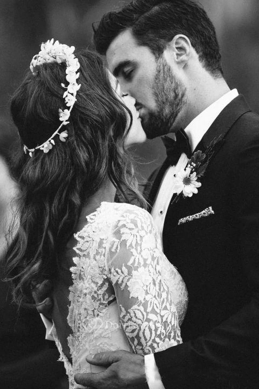 Romantisches Boho-Hochzeitskleid mit langen Ärmeln, sexy tiefem V-Ausschnitt, rückenfreiem Spitzenbesatz und Spitze view 8