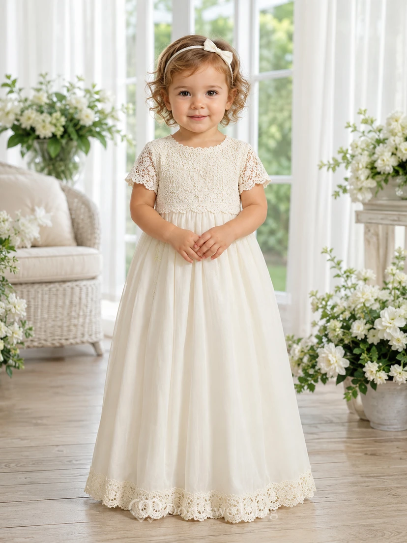 Elegante vestido de satén de corte A con mangas cortas y encaje de ganchillo para bautizo de bebé. Romántico y adorable con detalles de joyas.