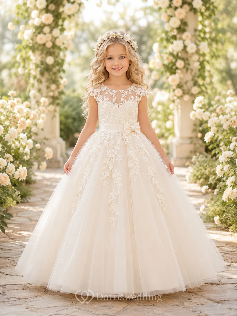 Flower Girl Dress Champagne Lace Tulle Ball Gown Jewel Neck Floor Length Sash Detail