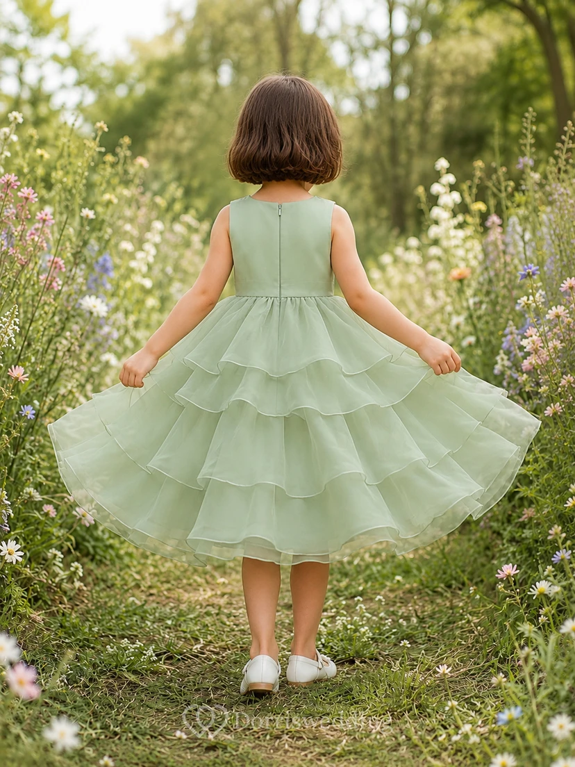 Sage Tiered Organza A-Line Cascading Ruffle Flower Girl Dress, Sleeveless Jewel Neck, Tea-Length Country Garden view 2