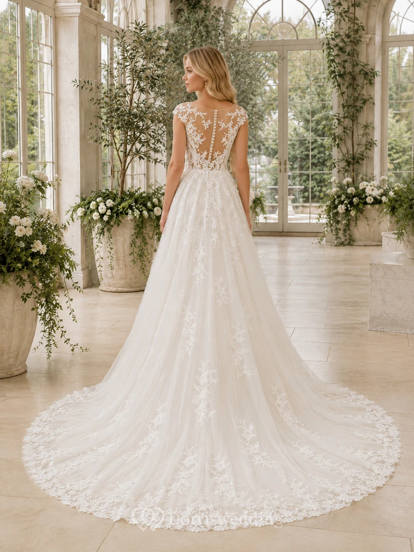 Lace Tulle Wedding Dress A-Line V-Neck Sleeveless Sweep Train Low V Back Bridal Gown view 2