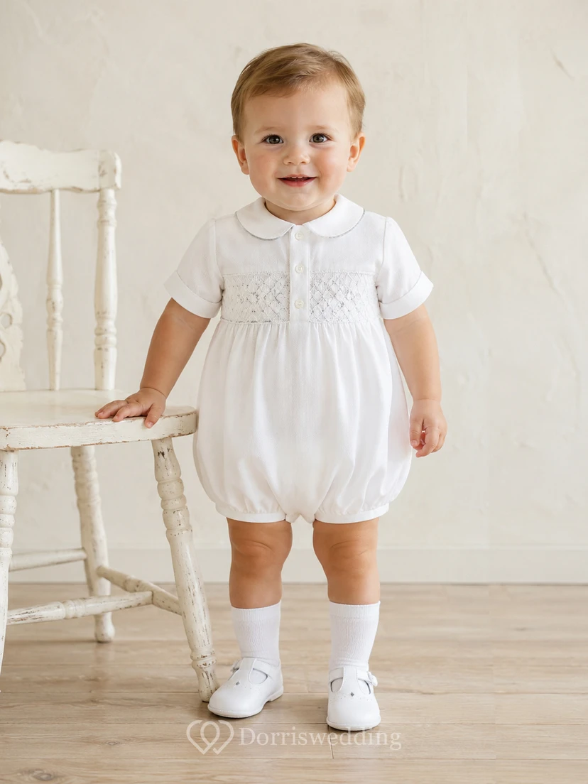 White Lace Bib Peter Pan Short Sleeve Christening Bubble Romper for Baby Boy