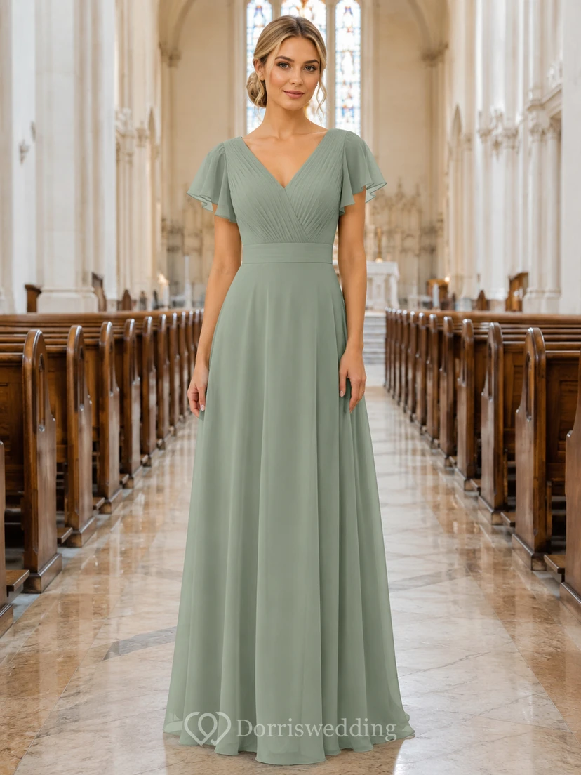Church Ceremony Formal Sage Simple Elegant A-Line Chiffon Bridesmaid Dress with V-Neck Short Sleeve Floor-Length Low Back