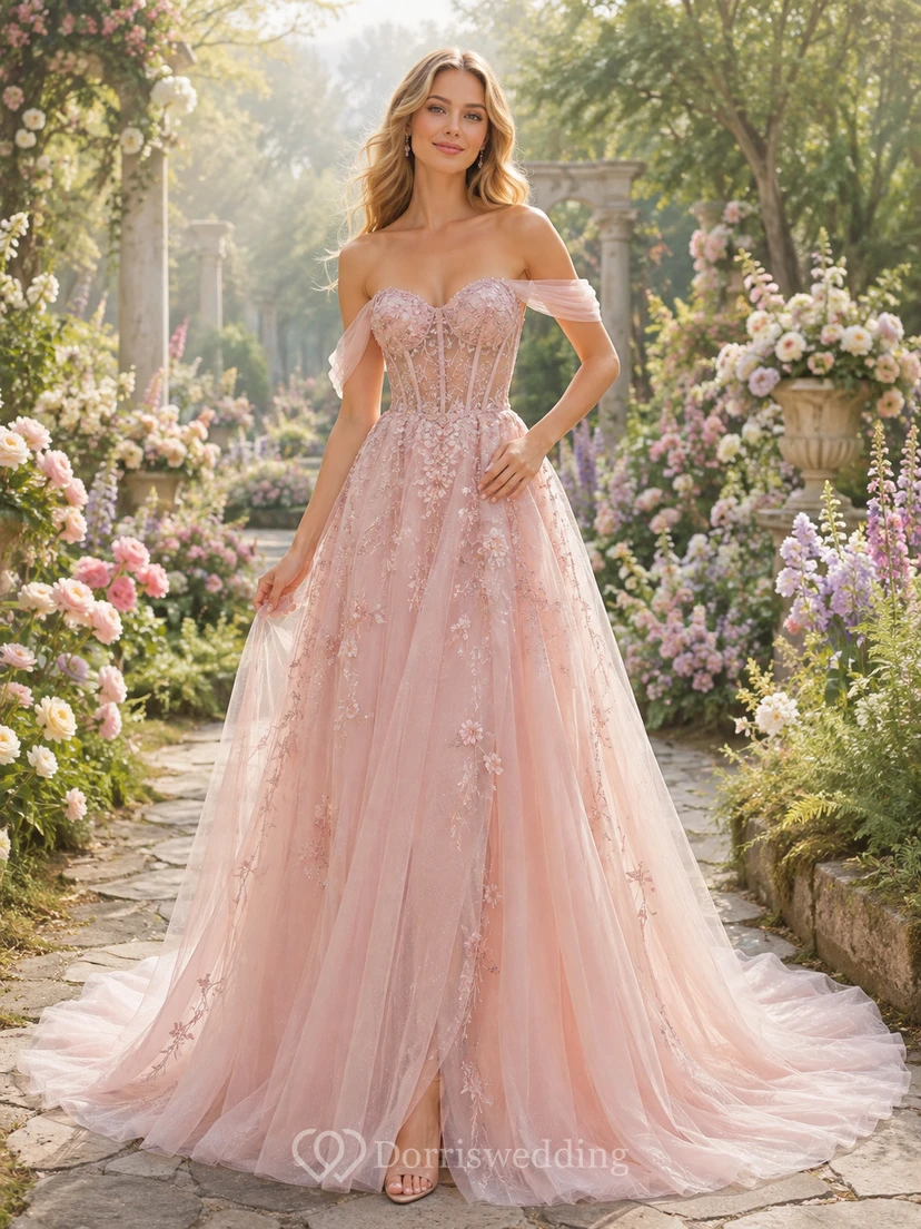 Etéreo vestido de hadas rosa con escote corazón y tul floral, corte en A y hombros descubiertos