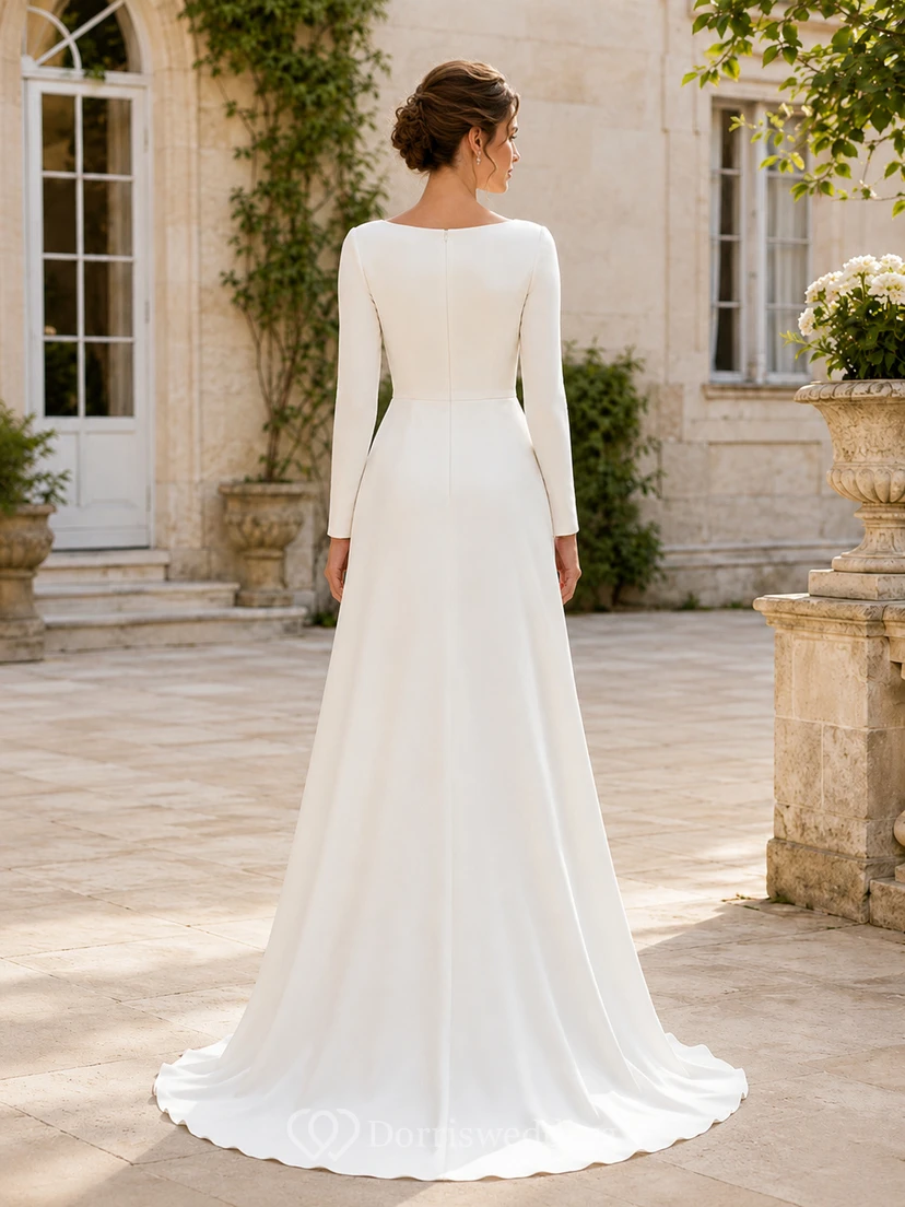 Minimalist Chiffon Wedding Dress A-Line Bateau Neck Long Sleeve Sweep Train Bridal Gown view 2