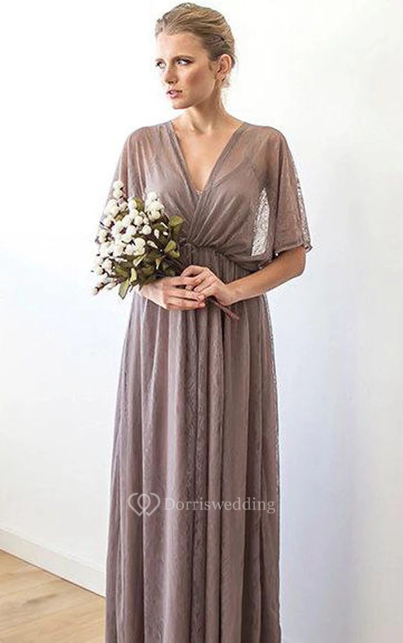 Vestido largo plisado de encaje con escote en V, espalda en V y mangas tipo ala de murciélago, corte imperio y corte en A.