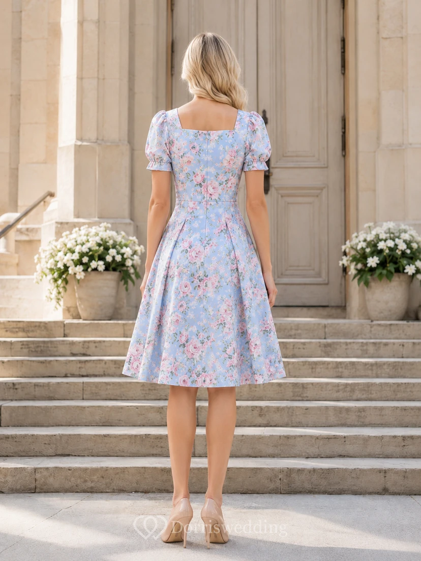Light Blue Floral Square Neck Puff Sleeve Sunday Service Dress view 2