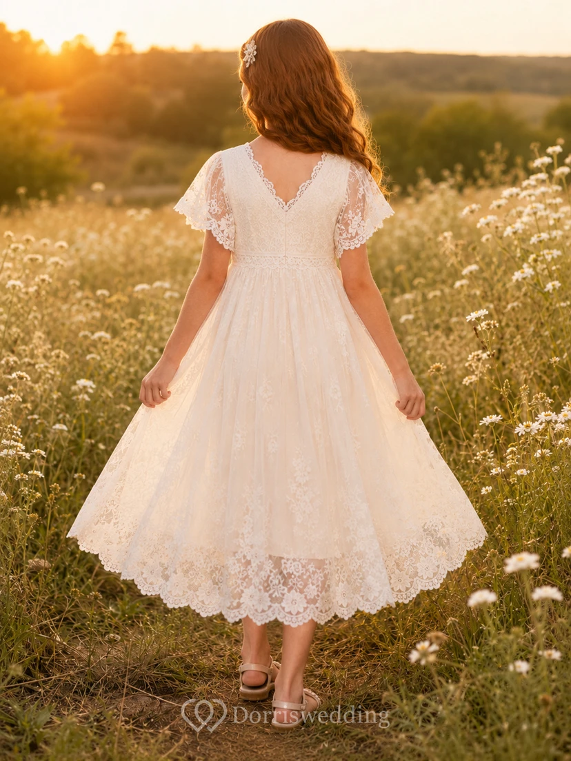 Lace V-Neck Tulle Knee-Length A-Line Bohemian Garden Romantic Formal Flower Girl Dress view 2