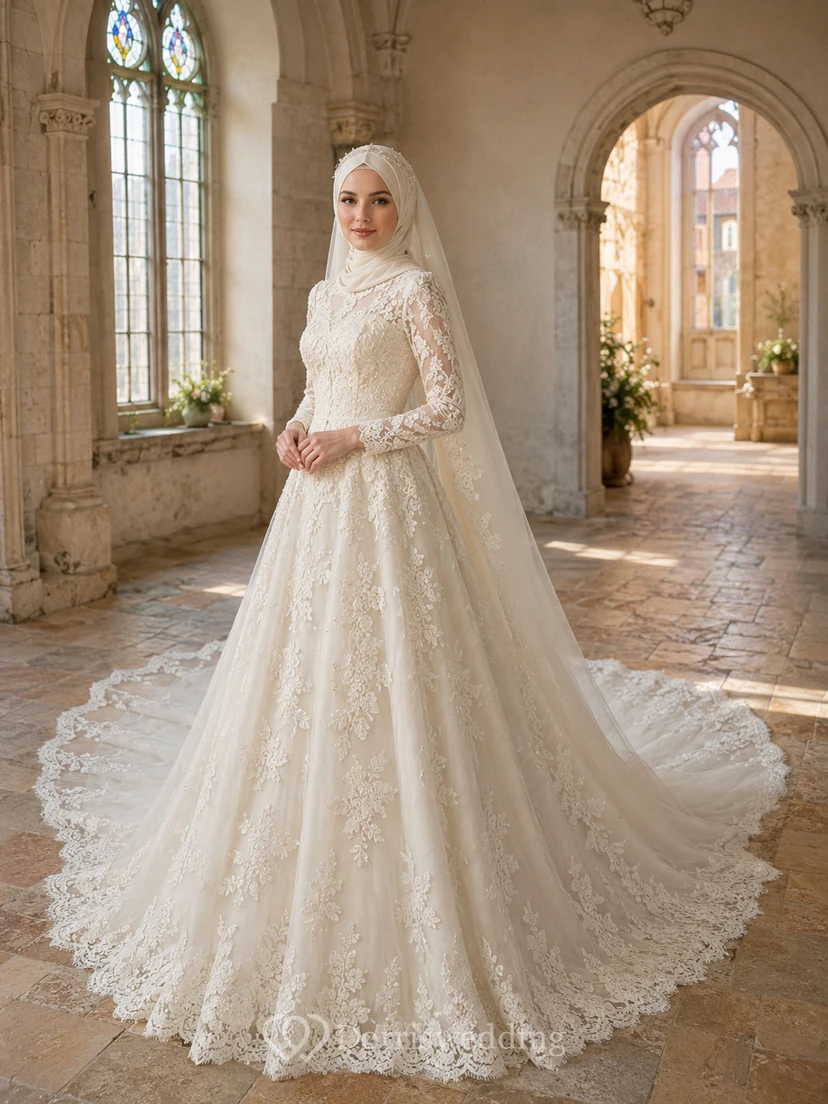 Lujoso vestido de novia musulmán de encaje con cuello alto y cola catedral.
