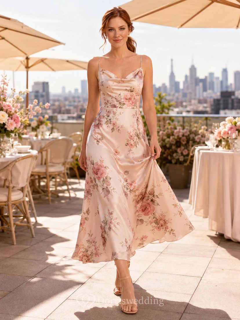 Blush Floral Spaghetti Strap Satin Midi Brunch Dress