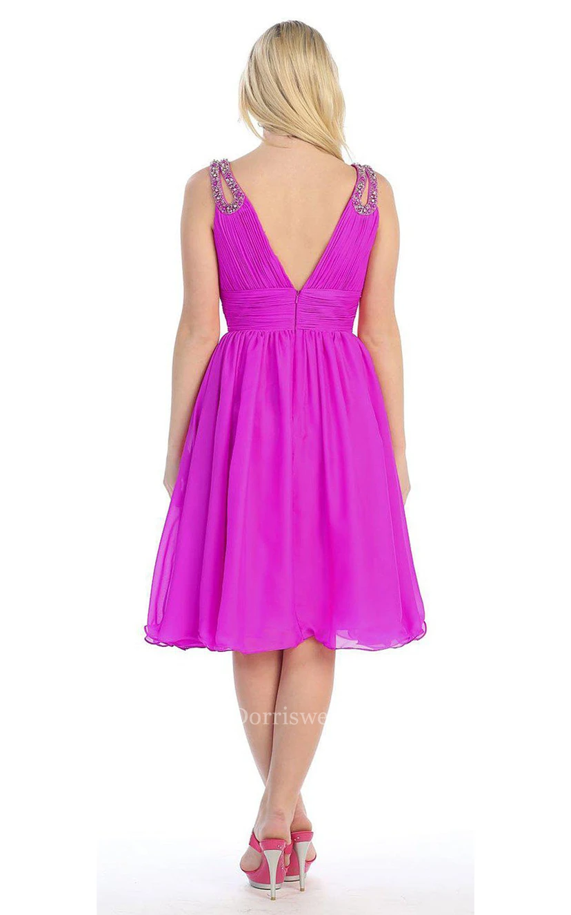 Plunging Neckline Short Chiffon Dress With Sequined Straps and V Back view 2