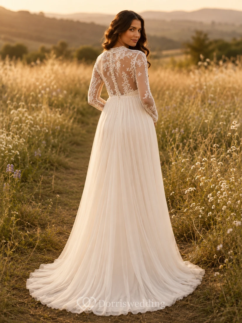 Vestido de novia premamá de cuello alto, manga larga, corpiño de encaje, corte en A, tul, estilo campestre. view 2