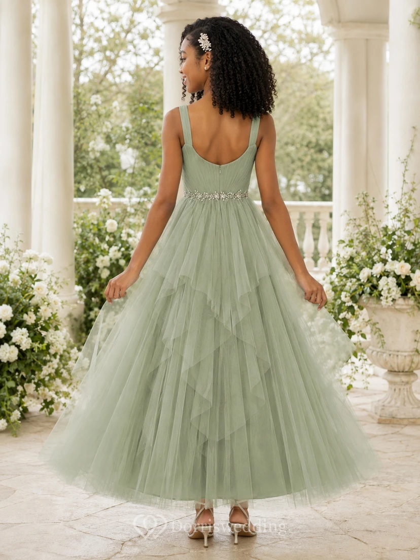 Luxuriöses, bodenlanges Junior-Brautjungfernkleid aus Celadon-Tüll mit Spaghettiträgern, quadratischem A-Linien-Schnitt view 2