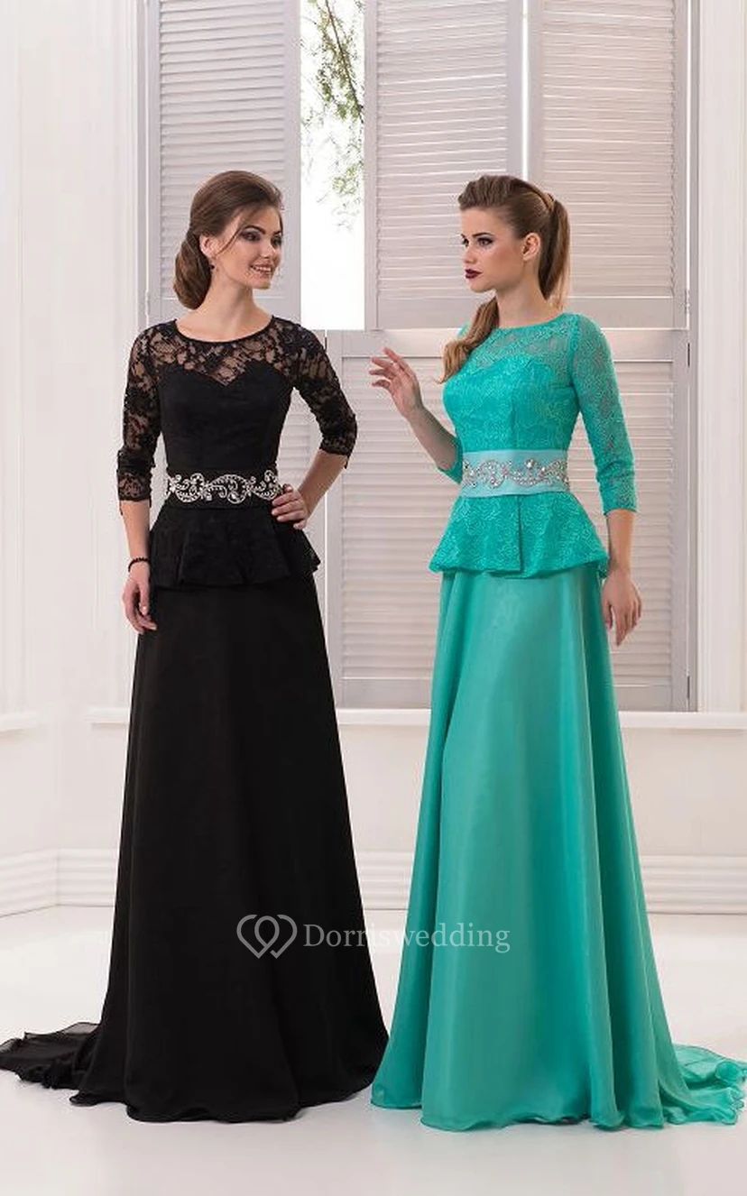 A-Linien-Kleid aus Chiffon mit Kristallverzierungen, Rüschen und Reißverschluss