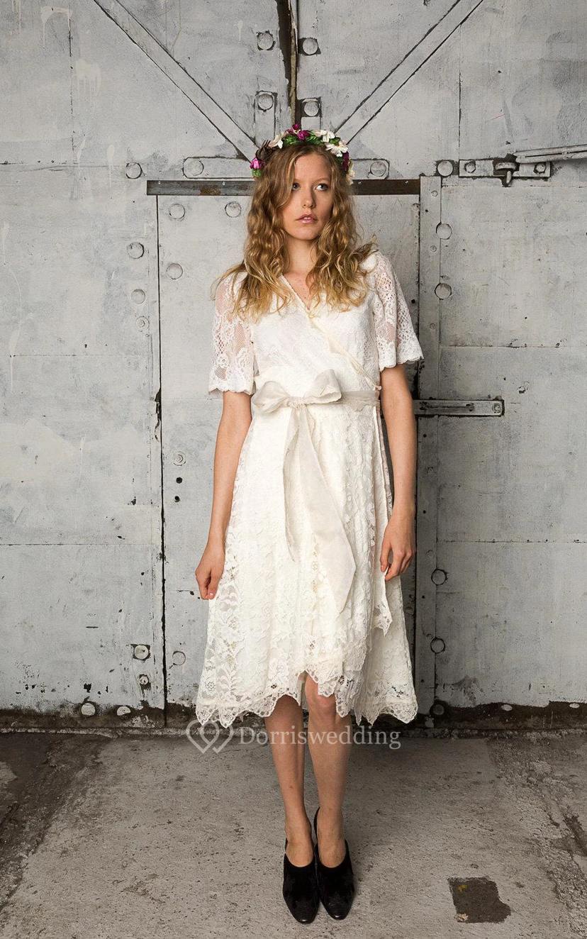V-Neck Short Sleeve A-Line Knee Length Lace Dress With Bow Sash view 2