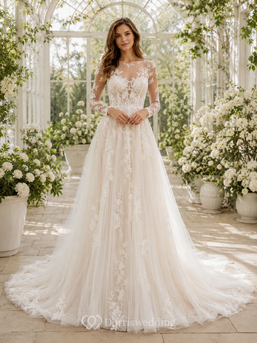Lace Tulle Wedding Dress A-Line V-Neck Long Sleeve Sweep Train Bridal Gown