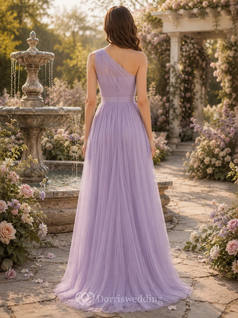 Lavender Garden A-Line Chiffon Tulle Bridesmaid Dress with Sleeveless One-Shoulder Bodice, Pleated Floor-Length Skirt and Low V Back view 2