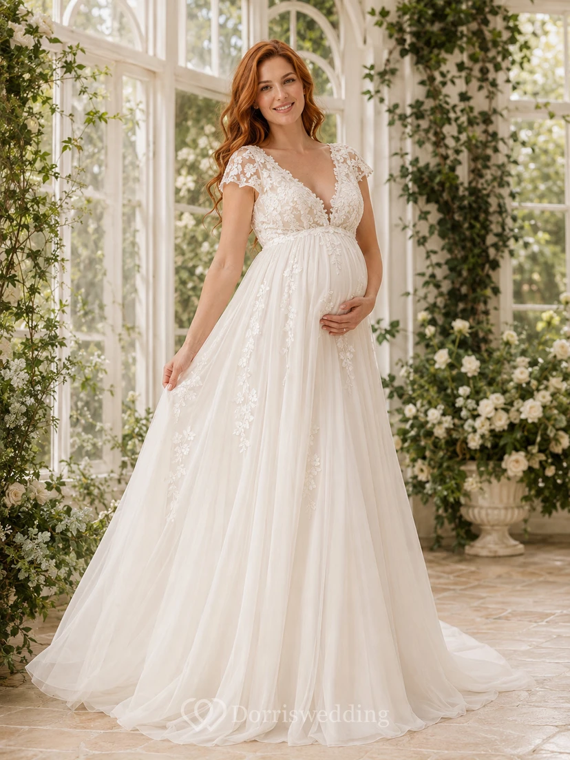 Umstands-Hochzeitskleid im A-Linien-Stil mit kurzen Ärmeln aus Spitze im Gewächshausstil