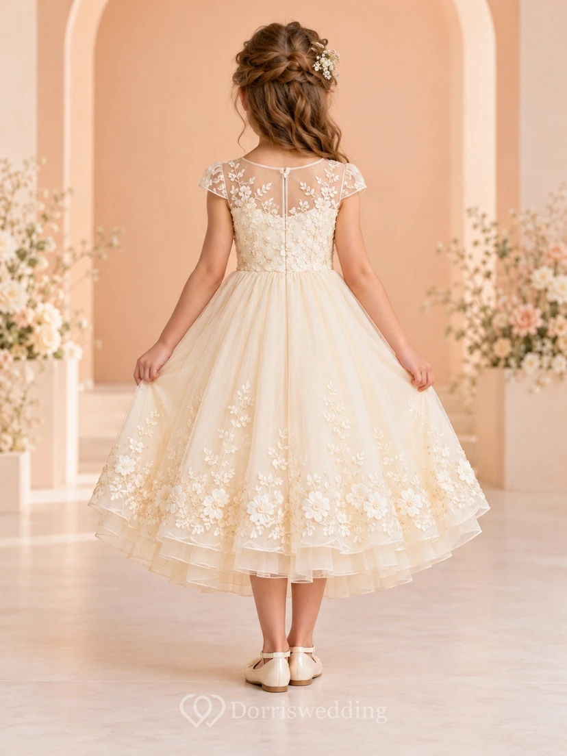 Ivory Illusion Neck Floral Cap Sleeve Flower Girl Dress view 2
