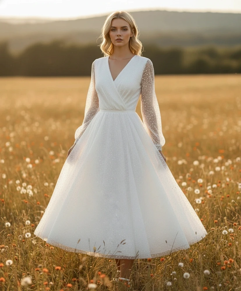Robe de mariée champêtre vintage à manches longues et paillettes, longueur thé