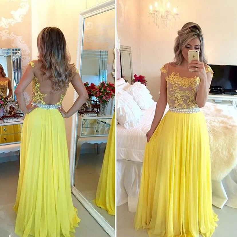 Delicate Yellow Chiffon Pearls Prom Dress Lace Appliques view 2