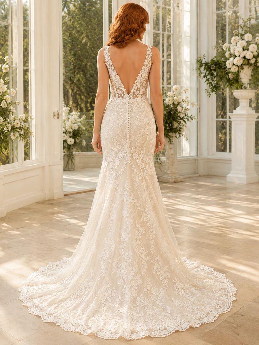 Lace Tulle Wedding Dress Mermaid Spaghetti Strap Chapel Train Bridal Gown view 2