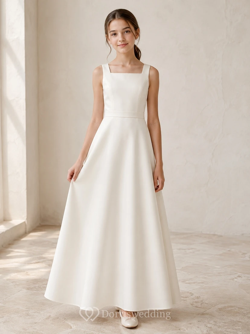 Junior-Brautjungfernkleid, A-Linie, eckig, ärmellos, Satin, schlicht