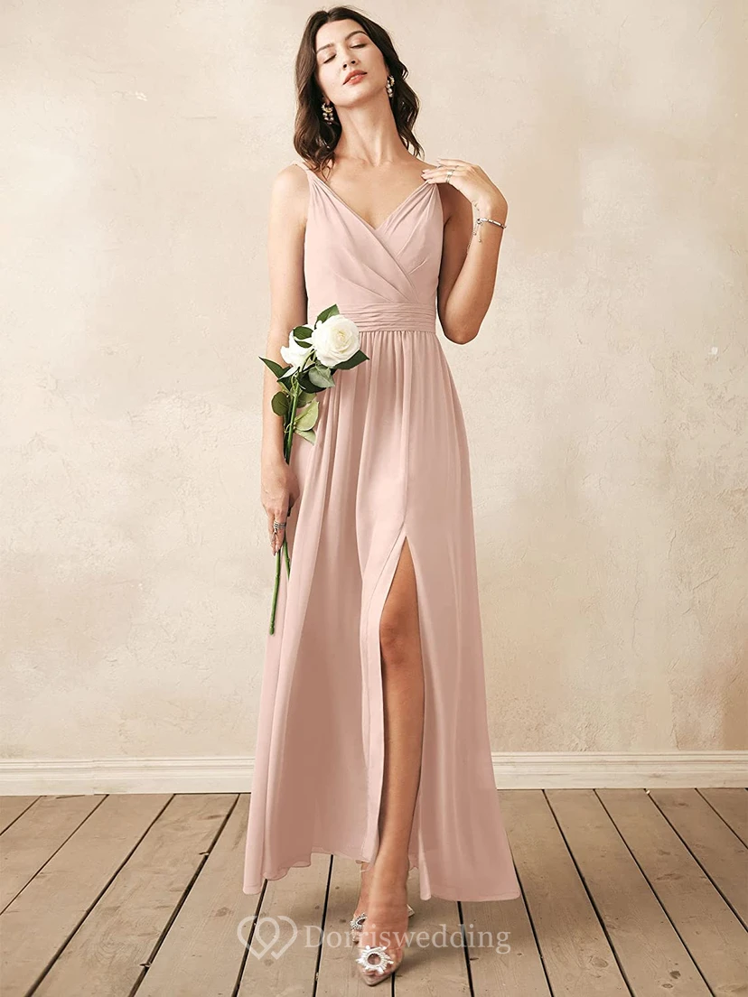 Romantic V-neck A Line Sleeveless Ankle-length Chiffon Bridesmaid Dress With Ruching view 4