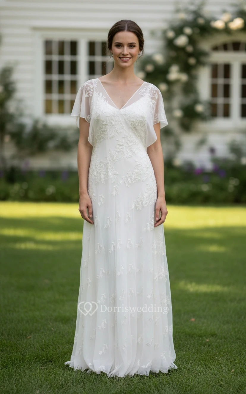 Vestido de novia bohemio de corte A con escote en V - Vestido de novia de gasa con encaje bordado y mangas con volantes