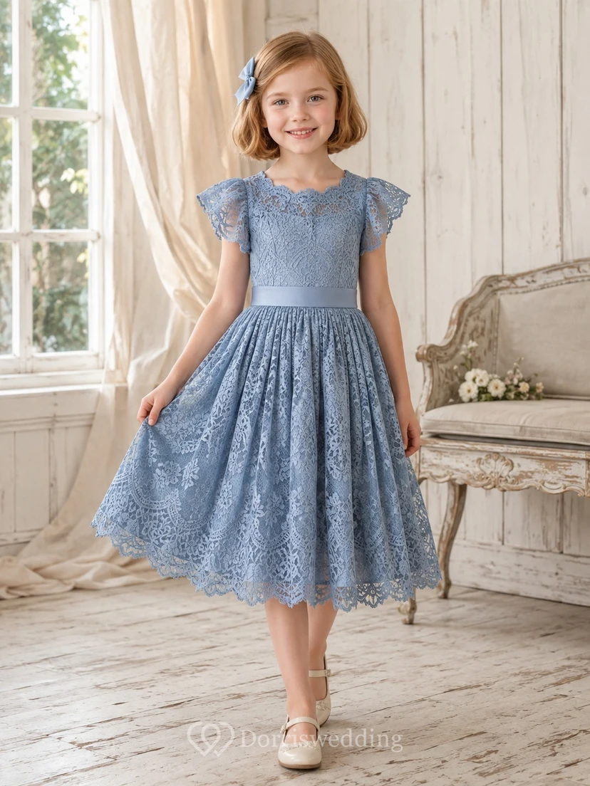 Steel Blue Scoop Neck Flutter Sleeve Vintage Lace A-Line Flowergirl Dress