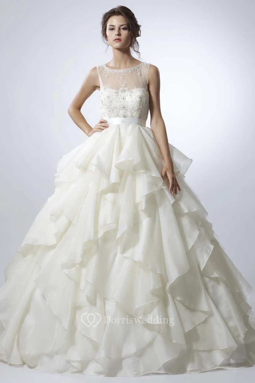 A-Line Sleeveless Scoop Floor-Length Cascading-Ruffle Organza Wedding Dress With Illusion Back And Beading view 3