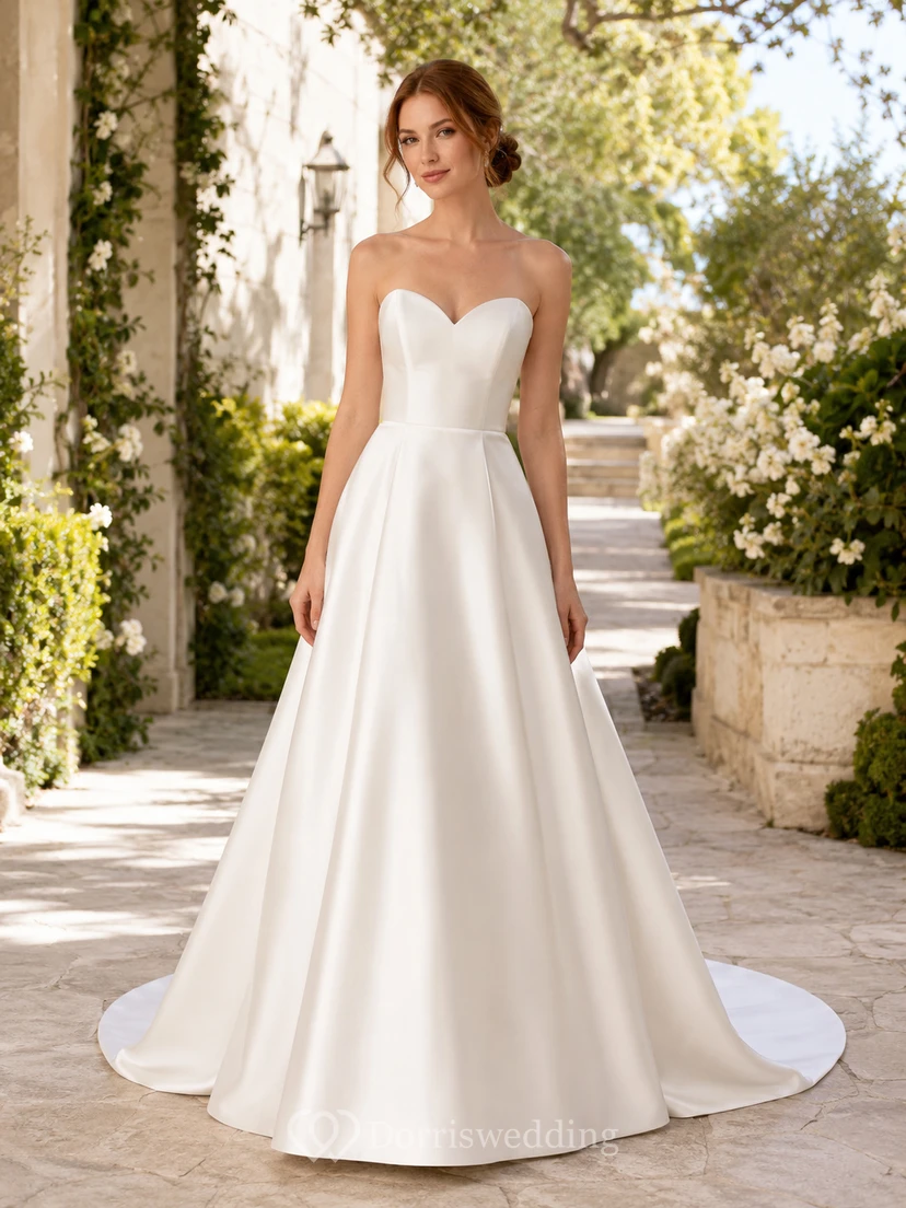 Vestido de novia de satén, corte A, sin tirantes, con cola larga.