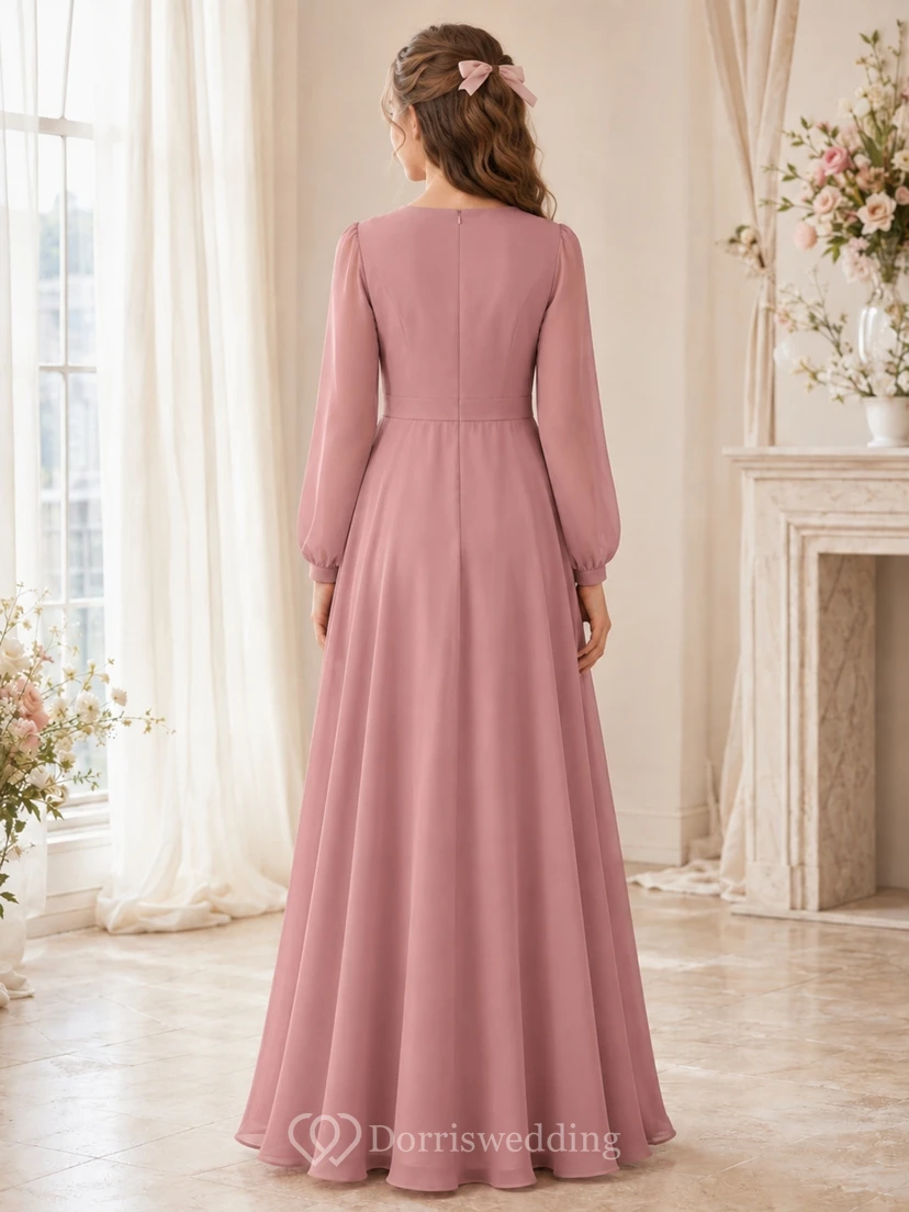 Brautjungfernkleid in Altrosa, A-Linie, mit Strasssteinen, langen Ärmeln, Chiffon, schlicht view 2