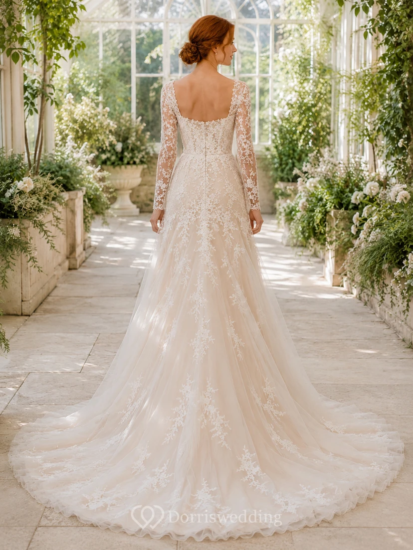 Robe de mariée longue à col en V et manches longues en dentelle, longueur au sol view 2