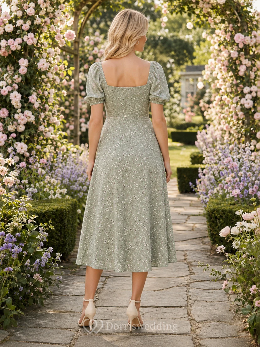 Sage Garden Wedding Guest Dress A-Line Chiffon Lace Square Neck Short Sleeve Tea-Length Floral view 2