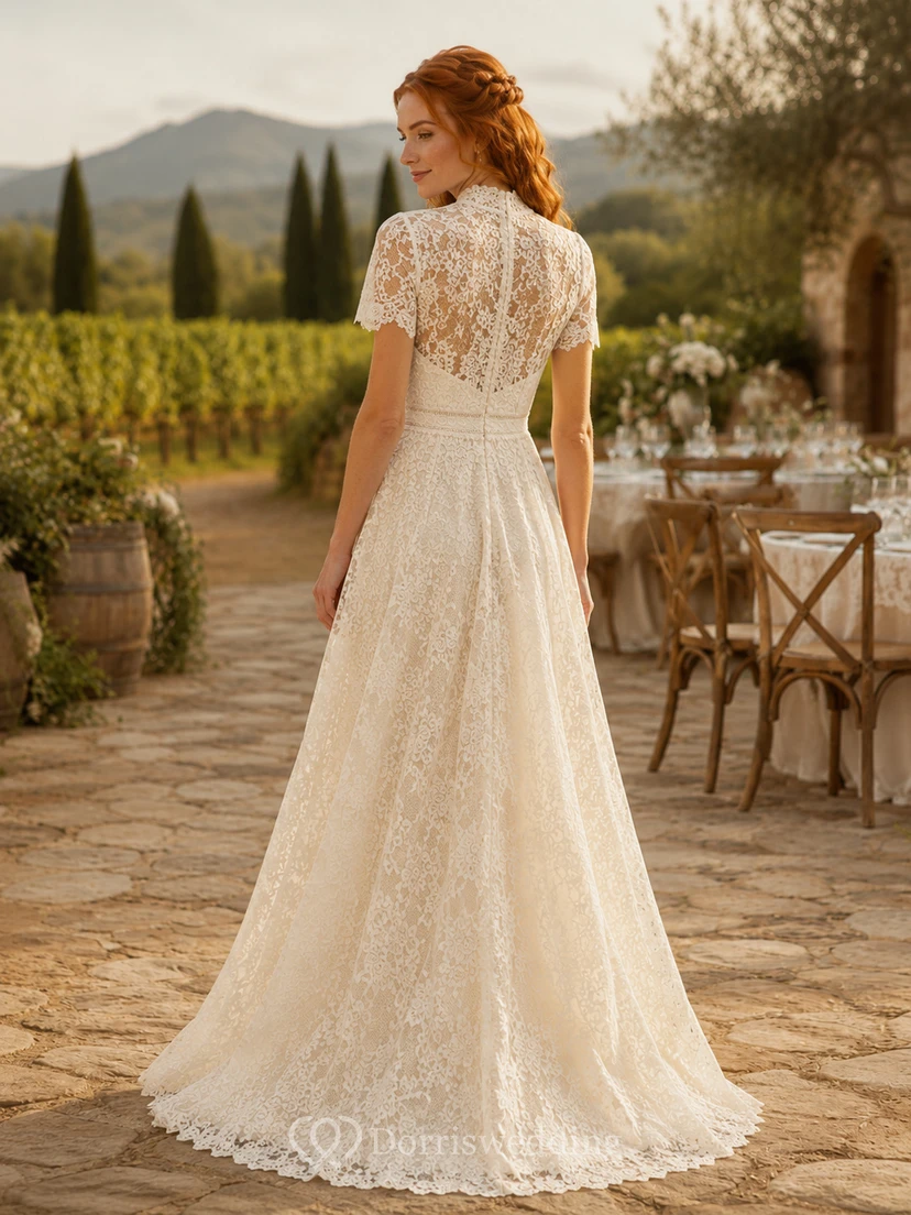 Collared Short Sleeve Lace A Line Vineyard Bridal Gown view 2