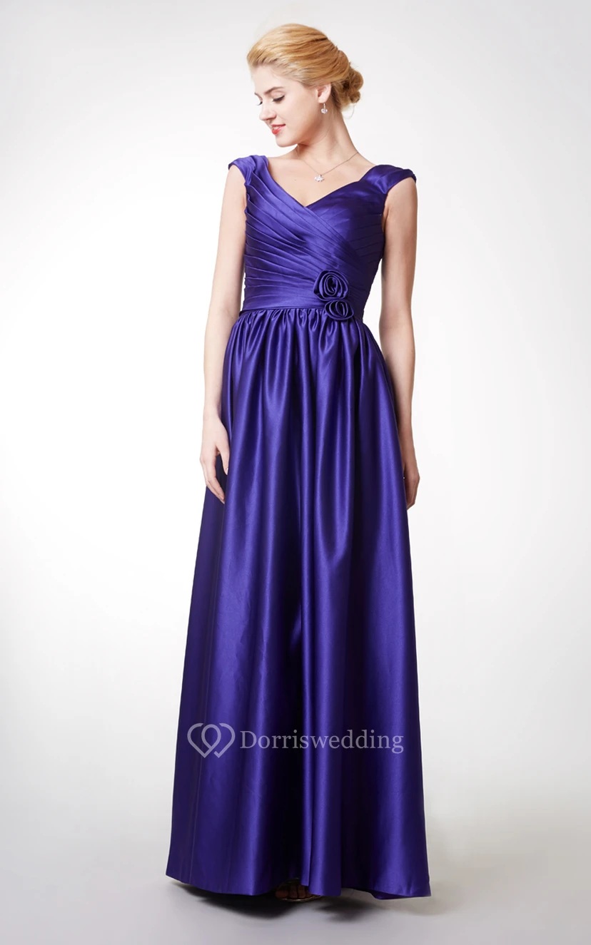 Stunning Cap-sleeved V-neck Long Satin Dress With Flowers view 2